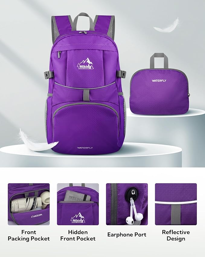 WATERFLY Hiking Packable Daypack Backpack: 35L Ultra Lightweight Day Pack for Woman Man - Large Compact Folding Back Pack for Outdoor Sport Cycling Camping Travel Trip - Purple