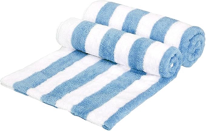 Amazon Basics Sky Blue Cabana Stripe Pool & Beach Towel, 100% Cotton, Soft & Absorbent, Machine Washable, Quick Dry, Large, 2 Pack, Sky Blue, 30" x 60"