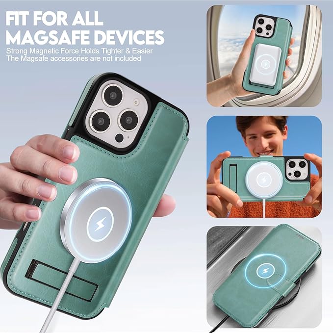 CIVICASE for iPhone 16 Pro Wallet Case with Stand,PU Leather Flip Credit Card Holder Slots (RFID Blocking),Compatible with Magsafe Magnetic Holder Phone Cover Women Men,Green