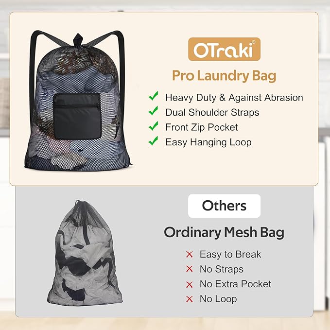 OTraki Mesh Laundry Bags 36 x 28 Inch Extra Large Drawstring Laundry Mesh Wash Bag with Shoulder Straps Heavy Duty Dirty Clothes Travel Laundry Backpack for Home College Dorm Apartment Black