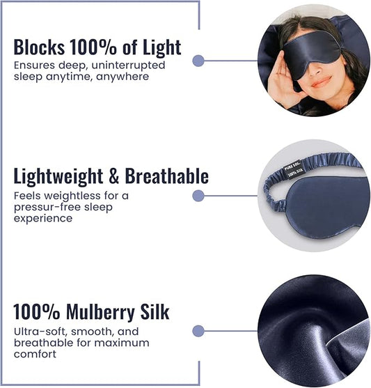 Pure SOL. Silk Sleep Mask - 100% Mulberry Silk Eye Mask - Eye Mask for Sleeping & Blindfold for Power nap During Travel (Navy)
