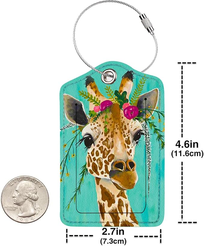 2 Pack Luggage Tag for Suitcase, Cute Unique Leather Bag Tags Identifiers Privacy Cover ID Label with Durable Steel Loop for Women Men Kids Girls Travel, Giraffe