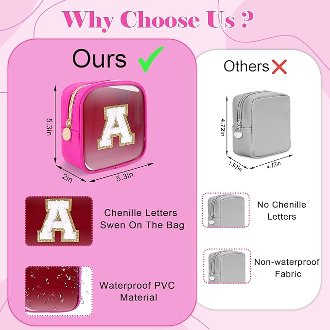 Personalized Initial Letter Clear Preppy Makeup Bag,Mini Nylon Chenille Letter Cosmetic Bag Cute Zipper Pouch Coin Purse for Teen Girls,Portable TSA Approved Travel Essentials Bag Gift for Women,E