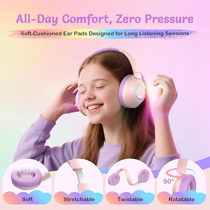 Noise Cancelling Headphones for Kids,Colorful RGB LED Lights, 60H Playtime, Bluetooth 5.4 Wireless Over-Ear Headset Built-in Microphone for Home/School/Party- Includes Portable Case(Pink)
