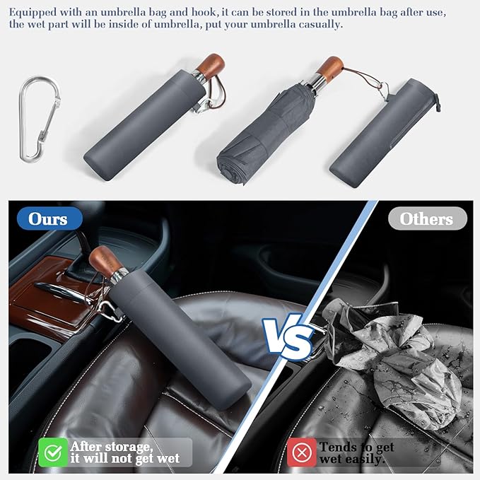 Umbrellas for Rain, 47" Large Windproof Travel Umbrella, Triple-Layer Vented Canopy, 10 Fiberglass Ribs, Auto Open Close Compact Umbrella, Wooden Handle, Heavy Duty for Commute, Gifts for Men & Women