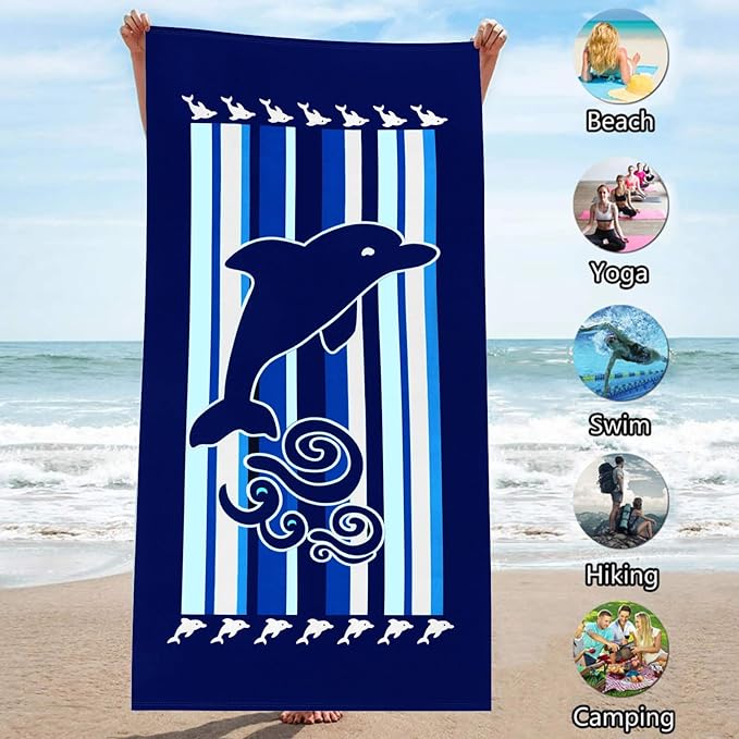 Genovega 2 Packs Oversized Beach Towel Set Extra Large Big XL Pool Camping Swim Clearance Towels 36x72 Soft Blanket Cruise Essentials Accessories Must Haves Vacation Necessities Adult Stripe Dolphins