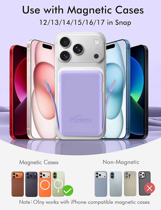 podoru for Magsafe Battery Pack, 10000mAh Magnetic Power Bank Built-in Double USB C Cables 22.5W PD Fast Charging LED Display Wireless Portable Charger for iPhone 17/16/15/14/13/12 Series-Purple