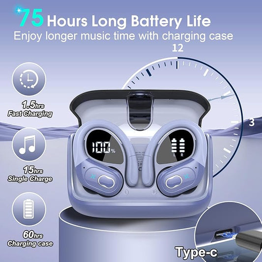 Wireless Earbuds 75hrs Bluetooth 5.4 Headphone Sport, 2026 Bluetooth Earbuds HiFi Stereo Over Ear Bud with Earhooks, ENC Noise Cancelling Mic, IPX7 Waterproof Earphone for Gym, Purple Blue