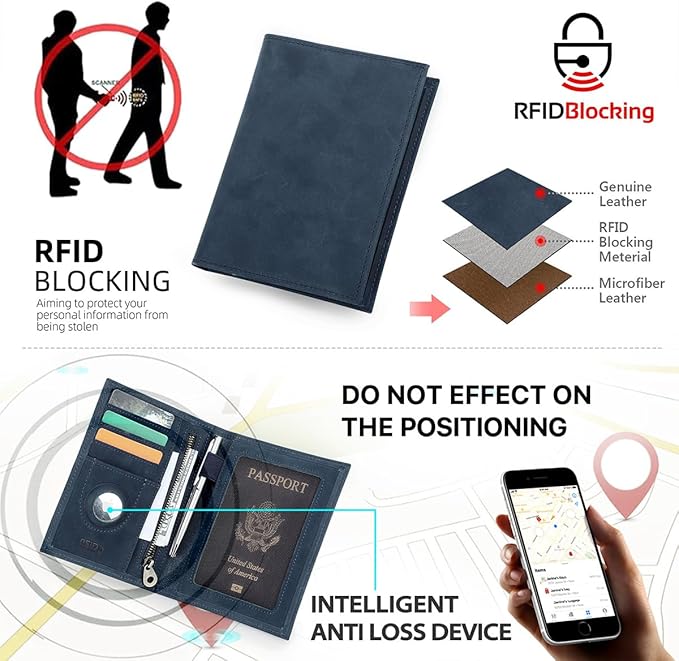 CONTACTS Full Grain Leather Airtag Passport Holder RFID Blocking Travel Passport Wallet Slim Passport Cover Case with 4 Cards Slots, Coin Pocket (Blue)