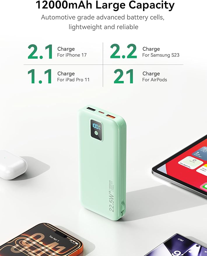 Portable Power Bank, 12000mAh 22.5W Fast Charging Phone Charger with Built-in Cables & Wall Plug, Travel Essential Battery Pack with LED Display, USB C Battery Charging Bank for iPhone, Samsung Green