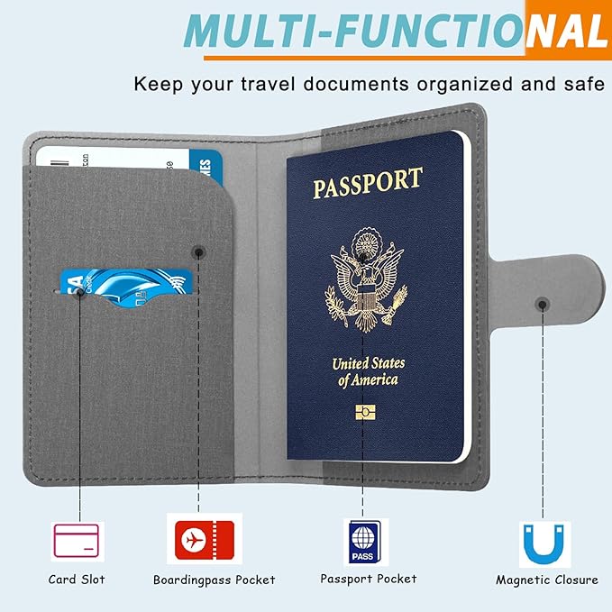 Caweet Passport Holder Cover Case Wallet, Cute Leather Travel Accessories for Women and Men, Fabric Grey