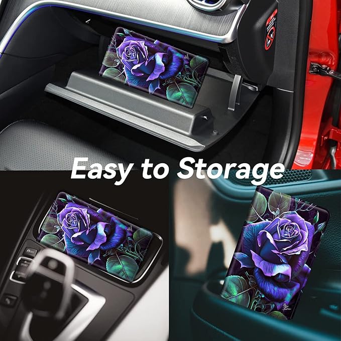 Car Registration and Insurance Holder, Leather Car Glove Box Organizer, Cool Car Accessories for ID, Driver's License Cards & Essential Document,Business Cards,Men&Women,Purple Rose Flower