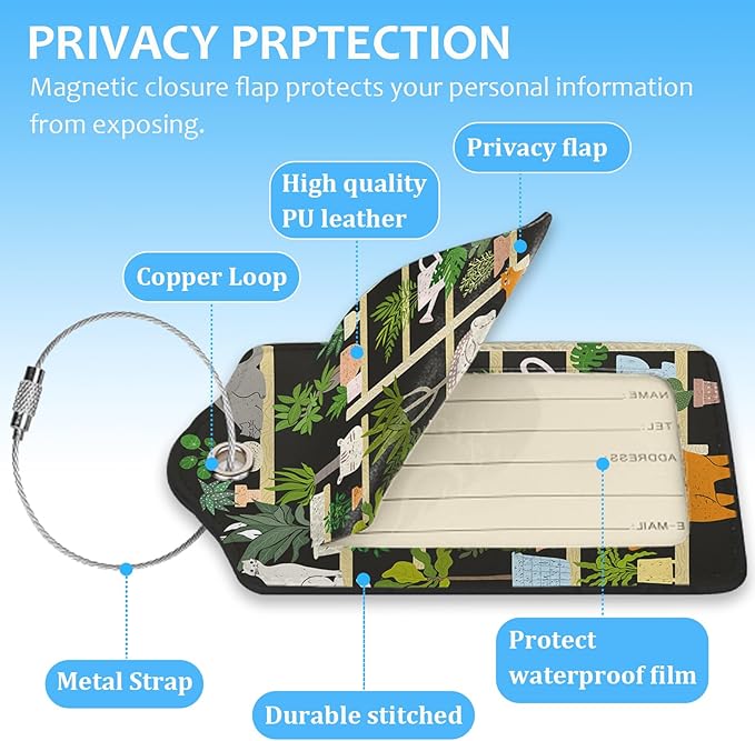 2 Pack Luggage Tag for Suitcase,Bookshelf Cat Luggage Tag with PU Leather Privacy Cover ID Label & Stainless Steel Loop for Women Men Travel Bag Suitcase