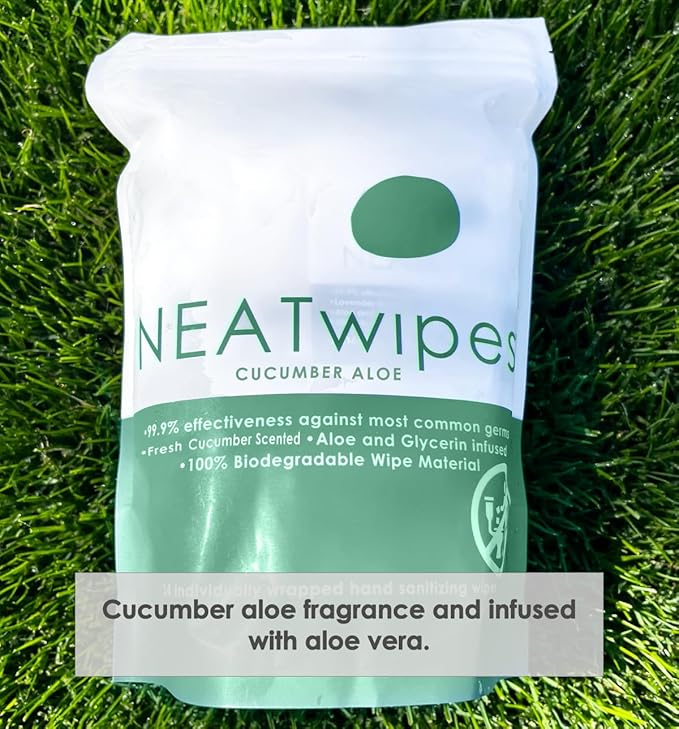 NEATwipes Hand Sanitizing Wipes | Travel Size | Disposable Wet Wipe & Biodegradable | Cucumber Aloe Essential Oil | Soothing Aloe & Glycerin | 24 Individually Wrapped Wipes