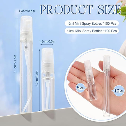 Zhehao 200 Pcs Mini Spray Bottles 5 ml, 10 ml Clear Glass Perfume Bottles Refillable Fine Mist Perfume Atomizer Portable Empty Sample Containers for Cleaning, Essential Oils, Travel (Clear Cap)
