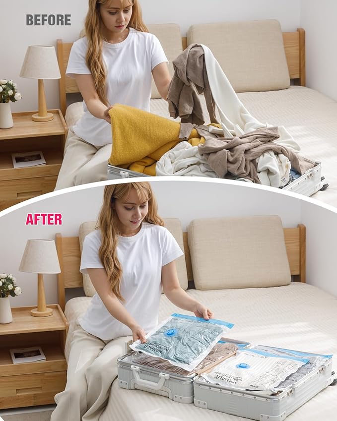 Travel Vacuum Storage Bags with Hand Pump, 8 Pack (4S+4XS) Vacuum Seal Bag Travel Essentials Space Saving Bags for Clothes, Luggage, Carry-on Suitcase, Backpack, Holiday Business Trip