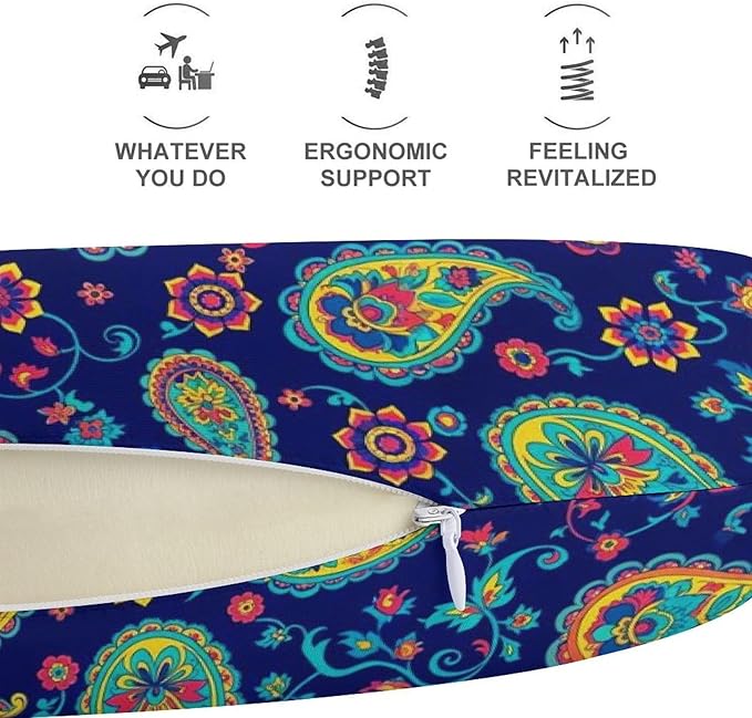 Cute Decorative Travel Neck Pillow Memory Foam Chin Cushion Colorful Paisley Flowers, Washable Cover for Women Airplane Car Home Sleeping Rest