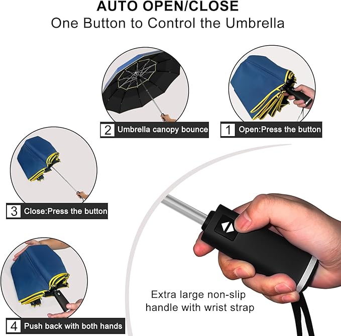 Satol Extra Large Golf Umbrella, 46/54/62 Inch Windproof 10 Ribs Vented Double Canopy Reflective Strips Automatic Open/Close Waterproof UV Protection Portable Compact Umbrella for Outdoor & Travel