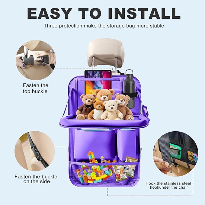 Zecirl 2Pack Car Backseat Organizer with Foldable Table Tray,6 Storage Pockets Car Storage Organizer with Tablet Holder,Car Seat Back Protectors Kick Mats Travel Accessories (Purple)