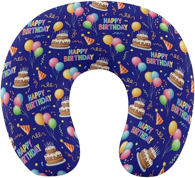 Breathable Travel Pillow Happy Birthday Blue Cake Memory Foam Chin Support, Removable Washable Cover for Airplane Car Office Sleeping