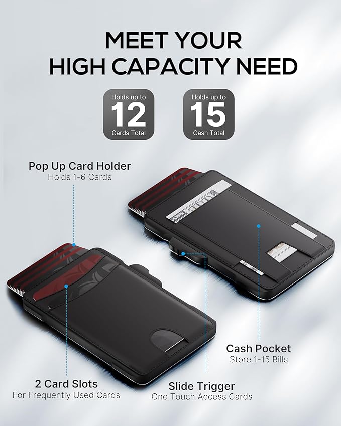 Minimalist Mens Wallet Card Holder: Pop Up Card Case, Genuine Leather, Smart, RFID Blocking, Slim, Thin, Front Pocket, Gift Box - 9-12 Card Capacitiy, Cash Pocket (Black)