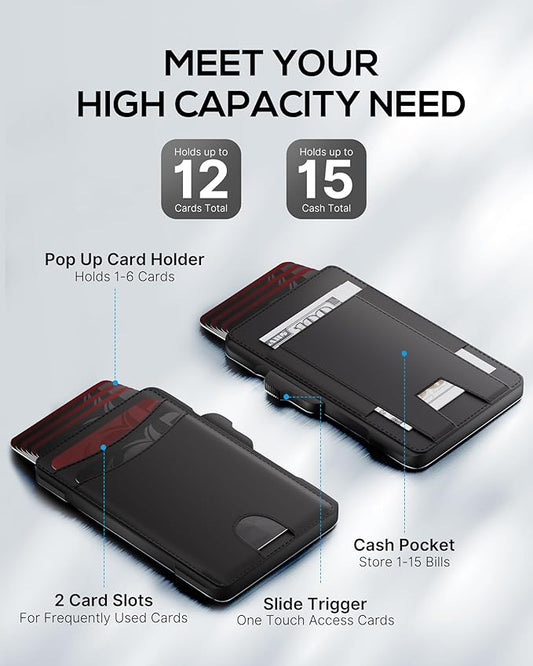 Minimalist Mens Wallet Card Holder: Pop Up Card Case, Genuine Leather, Smart, RFID Blocking, Slim, Thin, Front Pocket, Gift Box - 9-12 Card Capacitiy, Cash Pocket (Black)