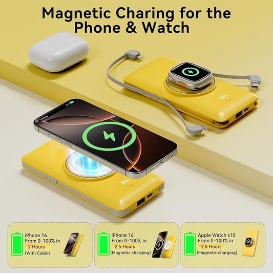Magnetic 10000mAh Portable Charger for iWatch & iPhone, 22.5W USB C Fast Charging Wireless Power Bank Built-in Cables and Wall Plug, External Travel Battery Pack Compatible with iOS Android Devices