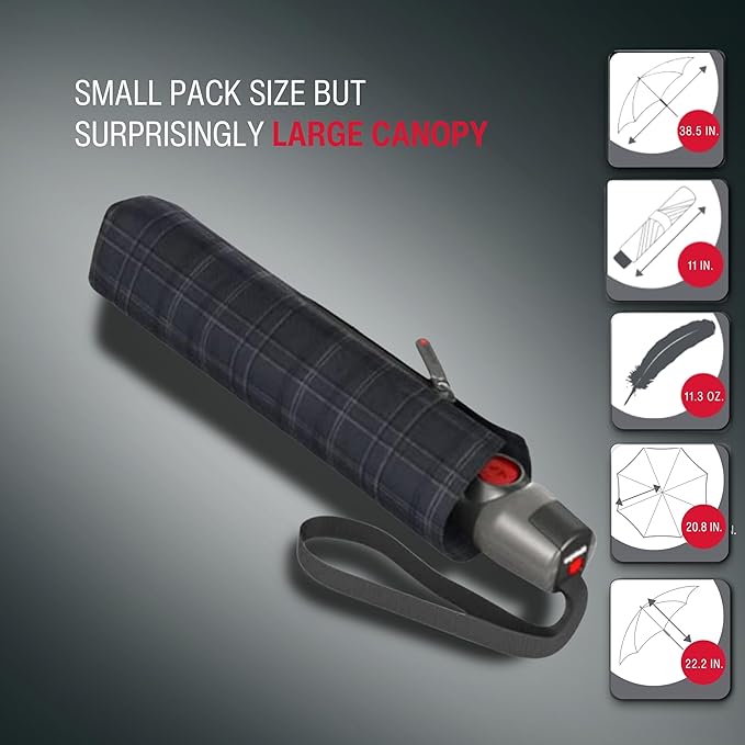 Knirps T.200 Duomatic Compact Rain Umbrella in Men's Check– Wind Tunnel Tested to 93 mph, Aluminum Steel Fiberglass Frame, 38in Canopy, OEKO-TEX, High-Performance Automatic Travel Umbrellas