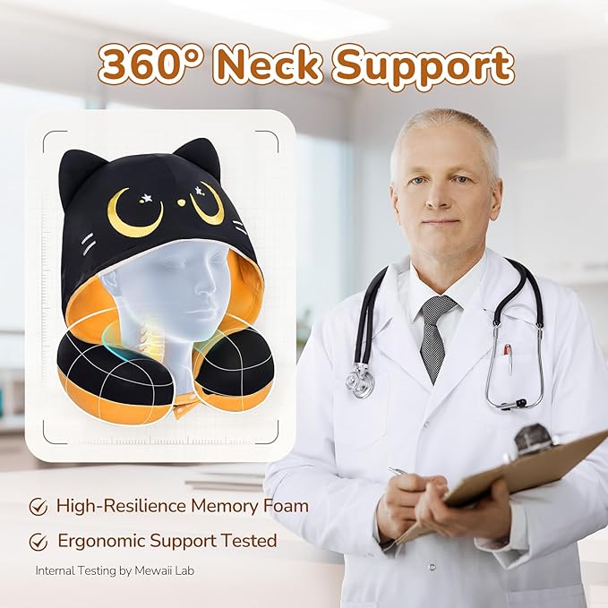 Certified to ASTM & CPSIA Standards–Kids Travel Neck Pillow with Hood,Memory Foam Airplane Pillow,Double-Sided, Cute Design, Cooling Ice Silk & Soft Plush, Adjustable, Portable & Washable for Flights