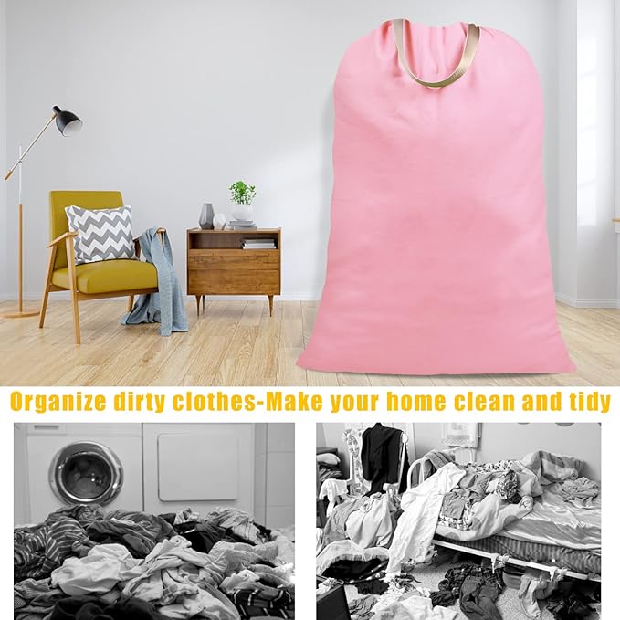 Cotton Canvas Laundry Bag with Handles & Drawstring Straps, Heavy Duty Extra Large Laundry Bags for Laundromat and Household, 25.5x34 Inch, Pink