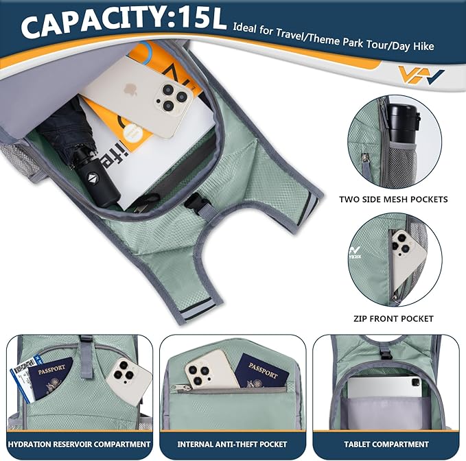 15L Foldable Hiking Backpack,Lightweight Packable Waterproof Machine Washable Daypack with Chest Strap,Small Folding Pack for Travel/Walking for Men&Women-0.52LB Grey