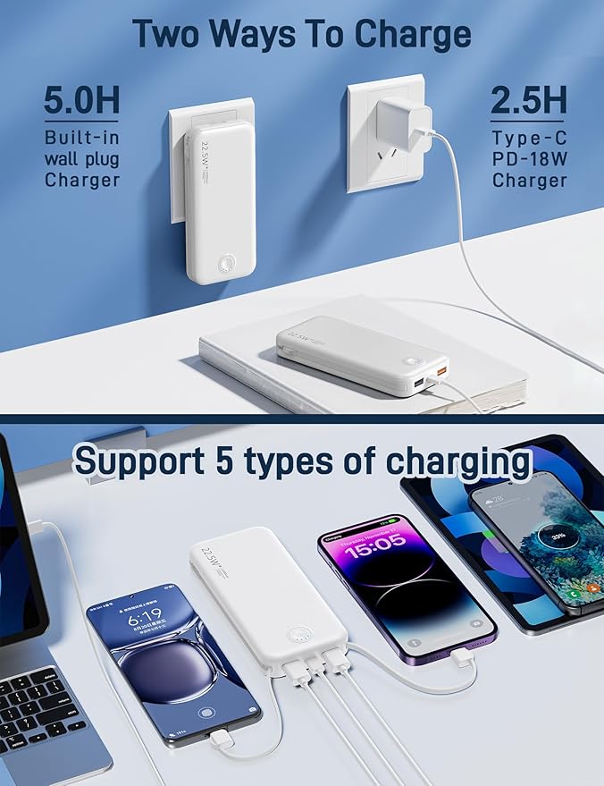 Portable Charger, 12000mAh 22.5W Fast Charging Power Bank with Built-in Cables & Wall Plug, Travel Essentials External Battery Pack, USB C Battery Phone Charger for iPhone, iPad, Samsung White