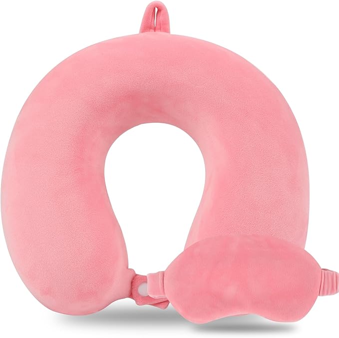 Pure Memory Foam Travel Pillow Set for Adults - Comfortable & Removable Machine Washable Cover, Neck Support Pillow Airplane Travel Kit with Eye Mask for Portable Plane Accessories - Peach Pink