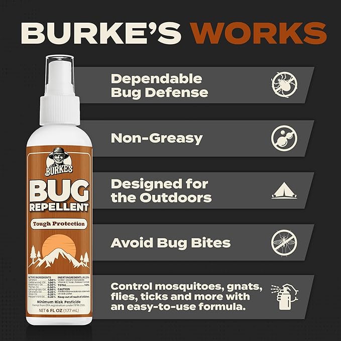Burke’s Bug Repellent Spray – DEET-Free, Kid & Pet Safe Insect Repellent for Mosquitoes, Ticks, and Gnats – Travel Size, Natural Essential Oils, Outdoor Protection, 6 oz (180mL)