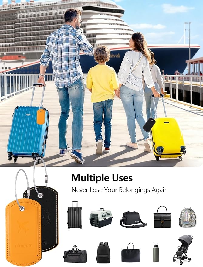 Luggage Tag with Tracker (iOS Only), Premium PU Leather Luggage Tags for Suitcase, Privacy Cover & ID Card Slot, Stainless Loop for Travel Bags, Backpack, Pet Carrier, Ideal Gadgets (Orange)