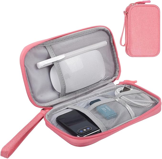 Electronics Accessories Organizer Pouch Bag, Universal Travel Digital Accessories Storage Bag for Portable Charger, Cables, Earphone, iPhone, Cord, Customize Inside with Dividers, Pink