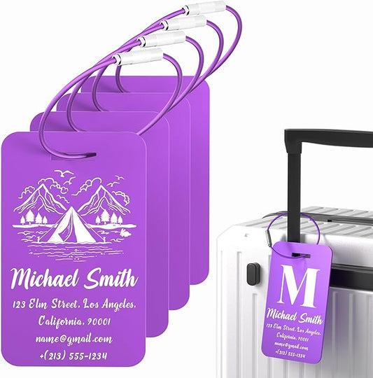 4 PCS Personalized Luggage Tags for Suitcase, Custom Engraved Aluminum Luggage Tags with Your Personalized Text Logo, Metal Name Tags with Steel Loop for Bag, Suitcase, Backpack (Purple, Large)