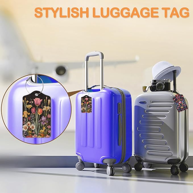 Colorful Boho Flowers 3 PCS Luggage Tags, Vintage Floral Leather Suitcase Tags with Privacy Cover Name Address Labels and Durable Steel Loop for Men/Women Travel Bag Suitcases