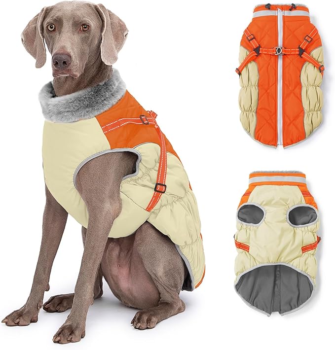 Abuandi Dog Winter Coat with Harness, Dog Jacket, Pet Clothes with Zipper on Back, Waterproof Windproof Warm Vest, Reflective Cold Weather Coats, for Small Medium Large Dogs, Thick, Orange, 3XL