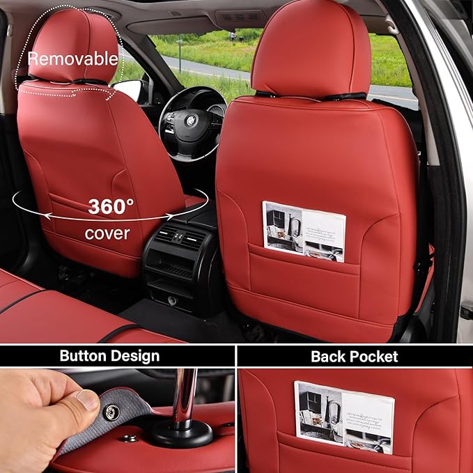 Coverado Car Seat Covers Full Set, Car Seat Protector Waterproof, Nappa Leather Car Seat Cushion, Red Seat Covers for Cars, Front Seats and Back Universal Fit for Most Cars