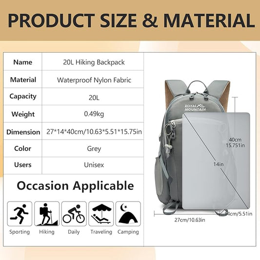 Small Hiking Backpack With Rain-cover, 20L Travel Backpacks For Women Men, Camping Daypack Backpacks Lightweight, Durable Hiking Backpack Fit For Camping, Daily Commuting, Short Trips (Grey)