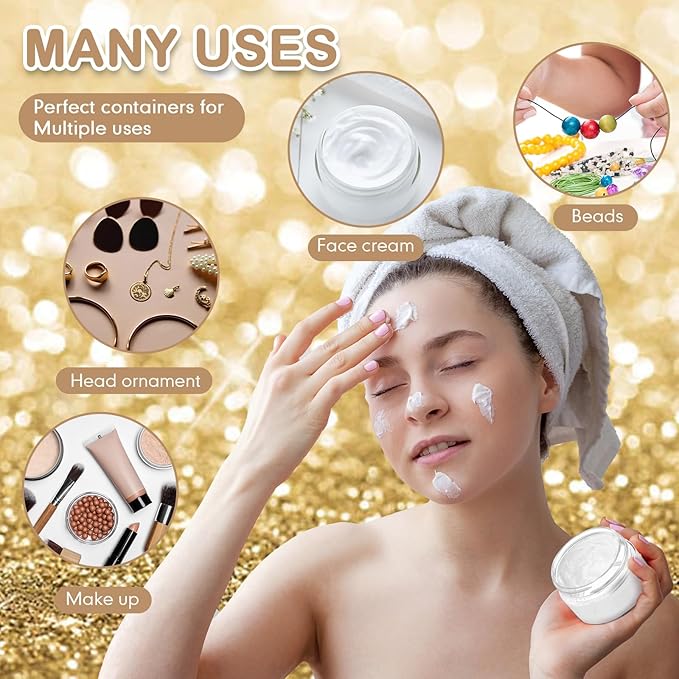 SATINIOR 12 Pack 10 oz Plastic Container Jars with Lids Round Clear Travel Cosmetic Container Slime Jars for Toiletries, Lotion, Cream, Ointments, Makeup, Rhinestone, Samples, Kitchen Storage(Gold)