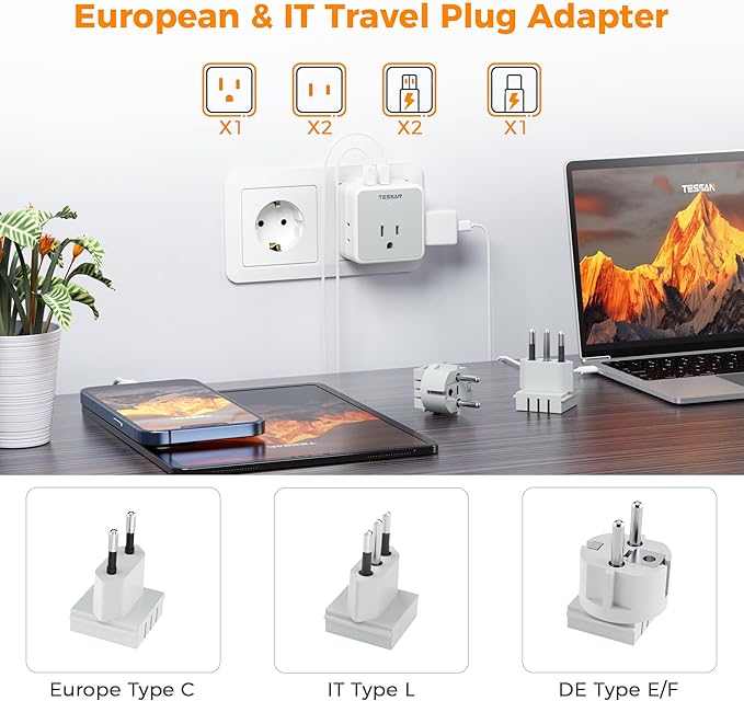 TESSAN All European Italy Travel Plug Adapter Kit, International Detachable with 3 Outlet 3 USB Charger (1 USB C), Type C/E/F/L EU Power Adaptor, US to France Germany Spain Greece Iceland