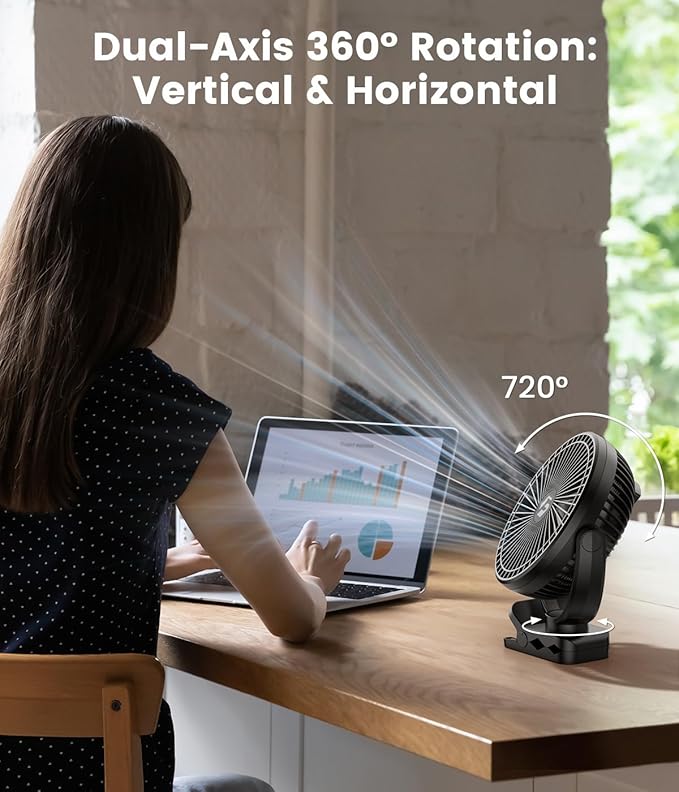 8-inch Clip-on Fan - 12000mAh Portable Rechargeable Battery With 3 Speeds and Strong Airflow, USB Small Desk Personal Quiet for Office, Stroller, Bedroom and Camping