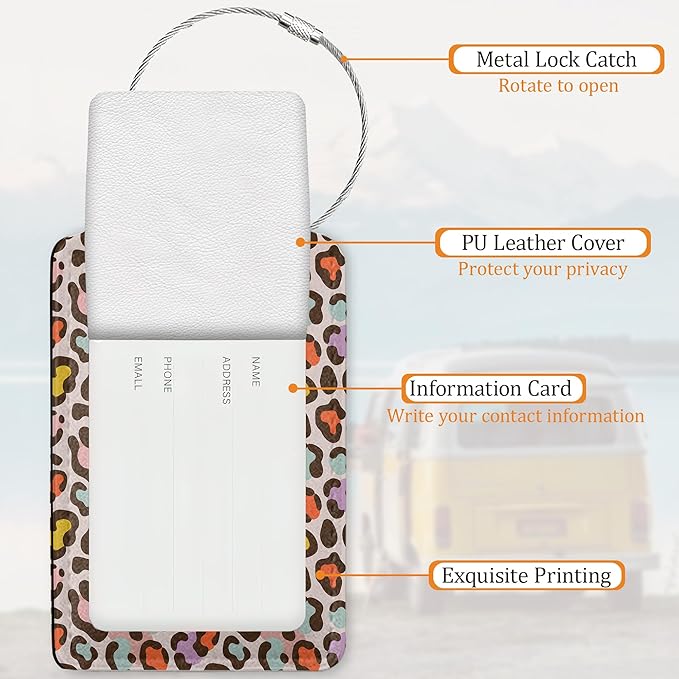 Leopard Pattern 3 Pack Luggage Tag for Suitcase, Unique Leather Travel Tags Identifiers with Privacy Name Address Labels & Durable Steel Loop for Women Men Travel