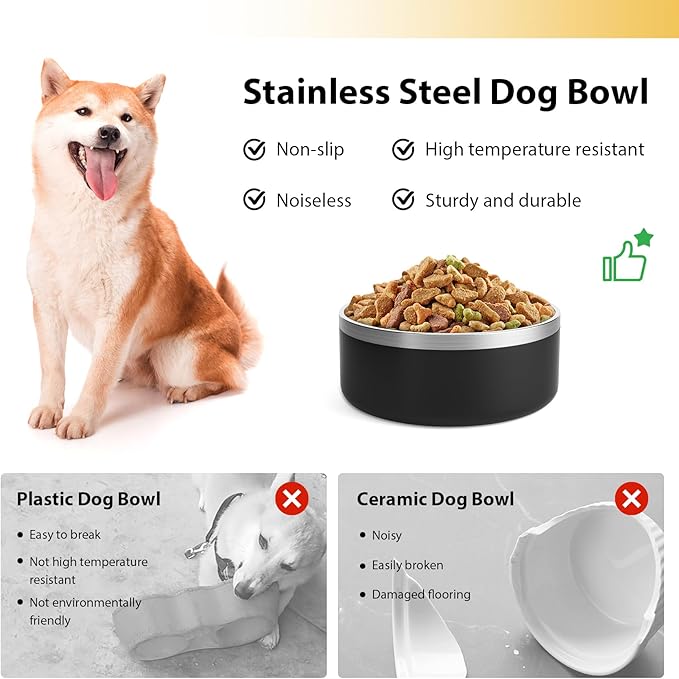 Stainless Steel Dog Bowls - Metal Dog Dish for Large Dogs, Insulated, Non Slip, Easy to Clean, 40oz, Black