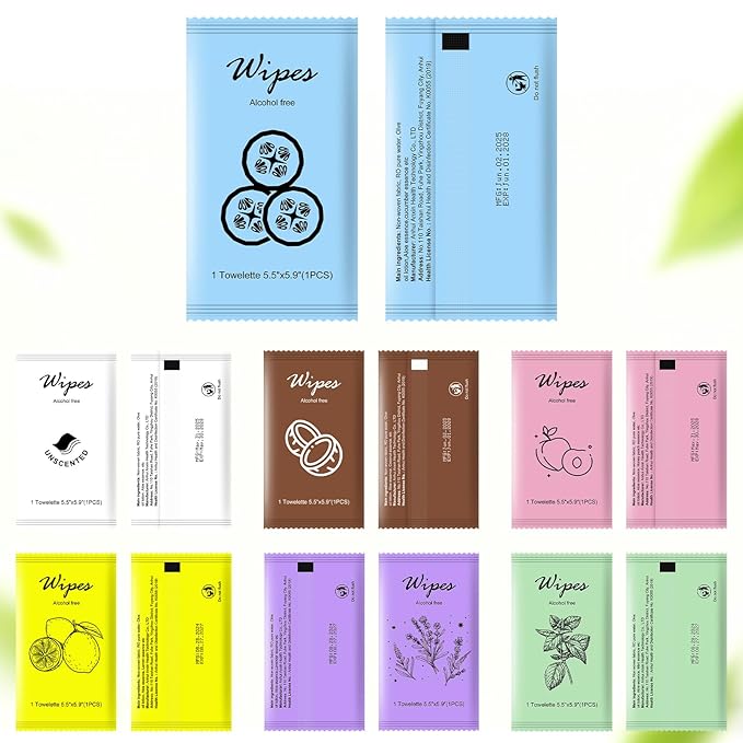 twoworld Individual Hand Wipes,Wet Wipes Individually Wrapped Bulk Cleansing Travel Size Wet Wipes for Travel Restaurant (Mint, lemon, lavender,cucumber, coconut, peach, and unscented,pack of 140)