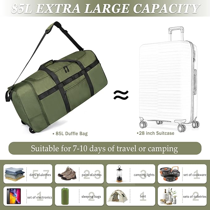Rolling Duffle Bag with Wheels, 85L Expandable Rolling Duffel Bag for Travelling, Extra Large Foldable Carry on Travel Duffle Bag for Men