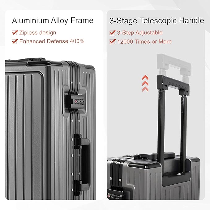 24 Inch Check-In Luggage Aluminum Frame Zipperless Luggage, Hard Shell Suitcase TSA Approved Checked Luggage, ABS+PC Lightweight Zipperless Suitcase with Spinner Wheels (Grey)