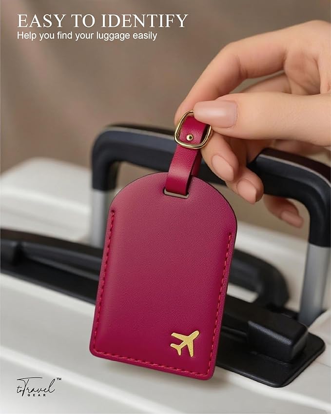 Luggage Tags for Suitcases,2 Pack PU Leather Privacy Protection Bag Tags Travel Accessories Essentials,Wine Red